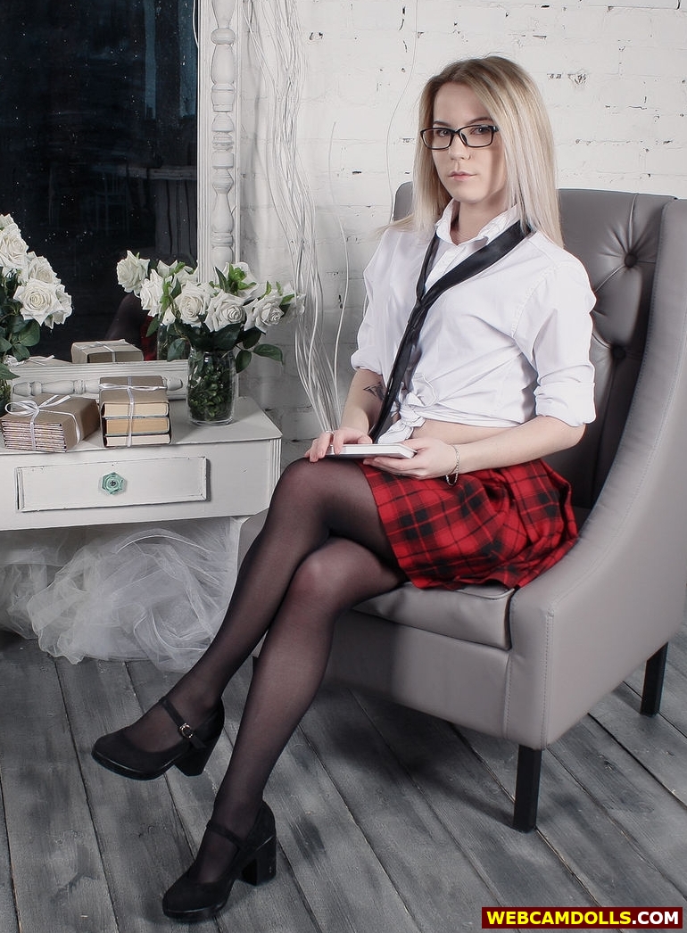 Blonde Schoolgirl in Black Sheer Stockings and White Shirt Webcamdolls